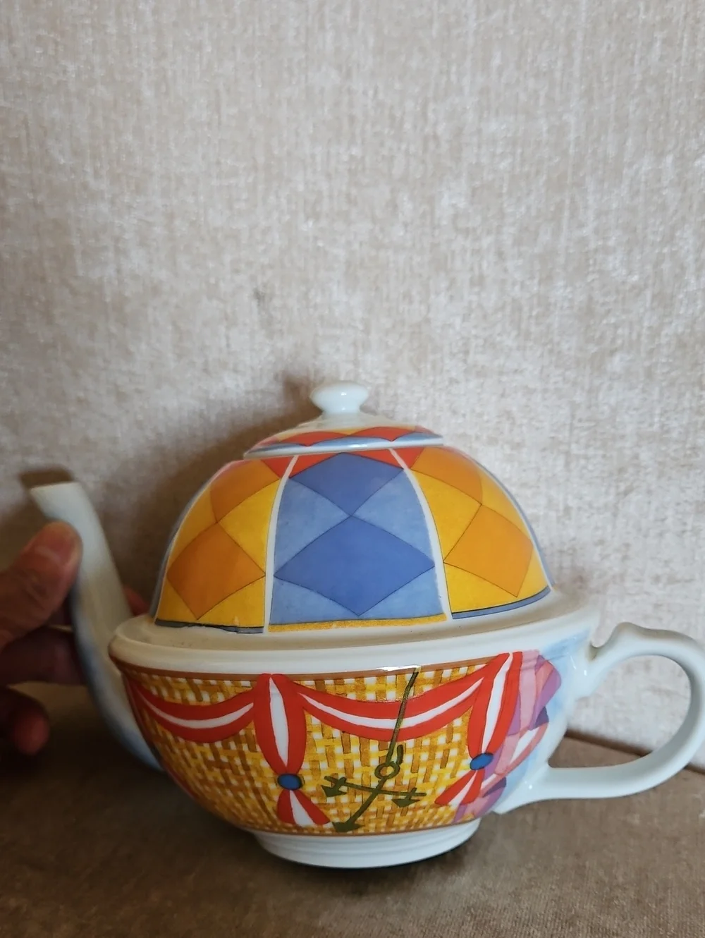 Williams Sonoma Colorful Geometric Ceramic Teapot - Blue & Yellow & Orange
